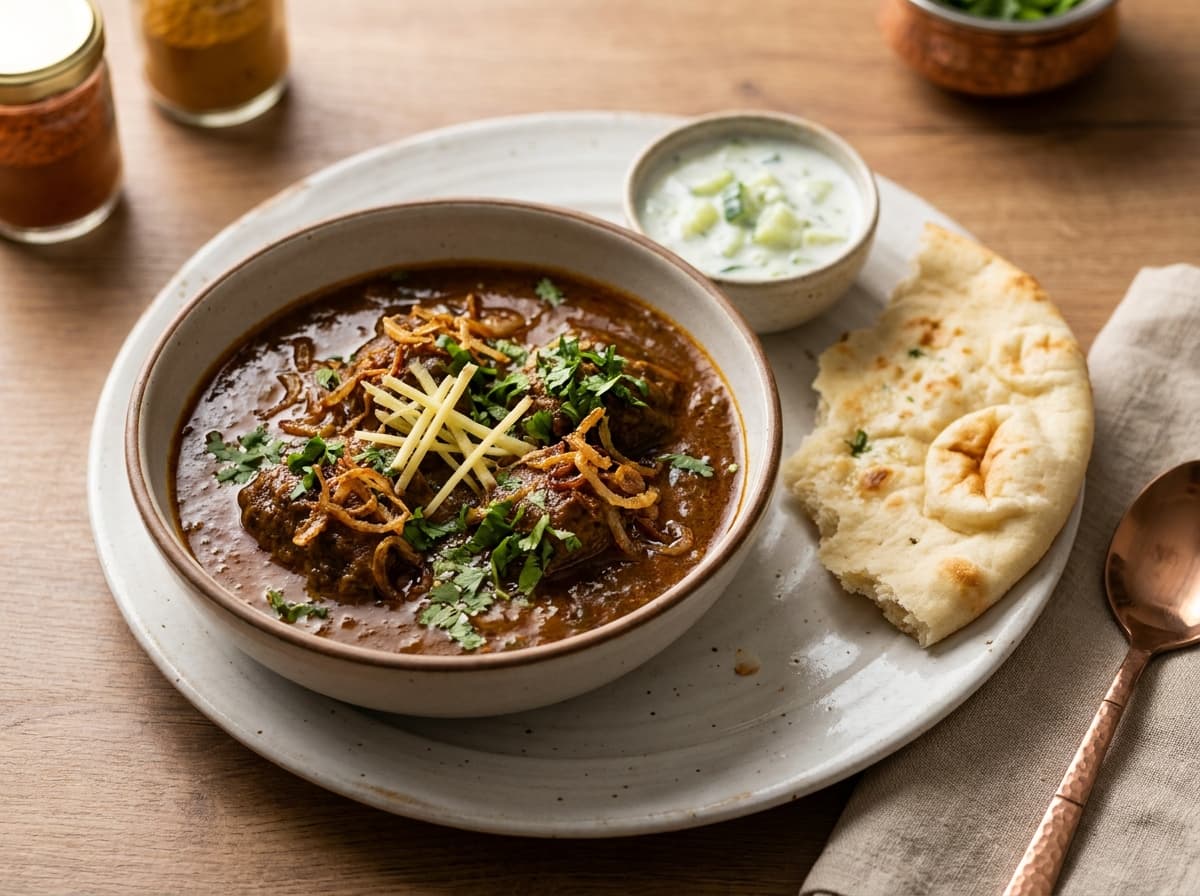 Authentic Pakistani Nihari with Naan and Cooling Raita recipe