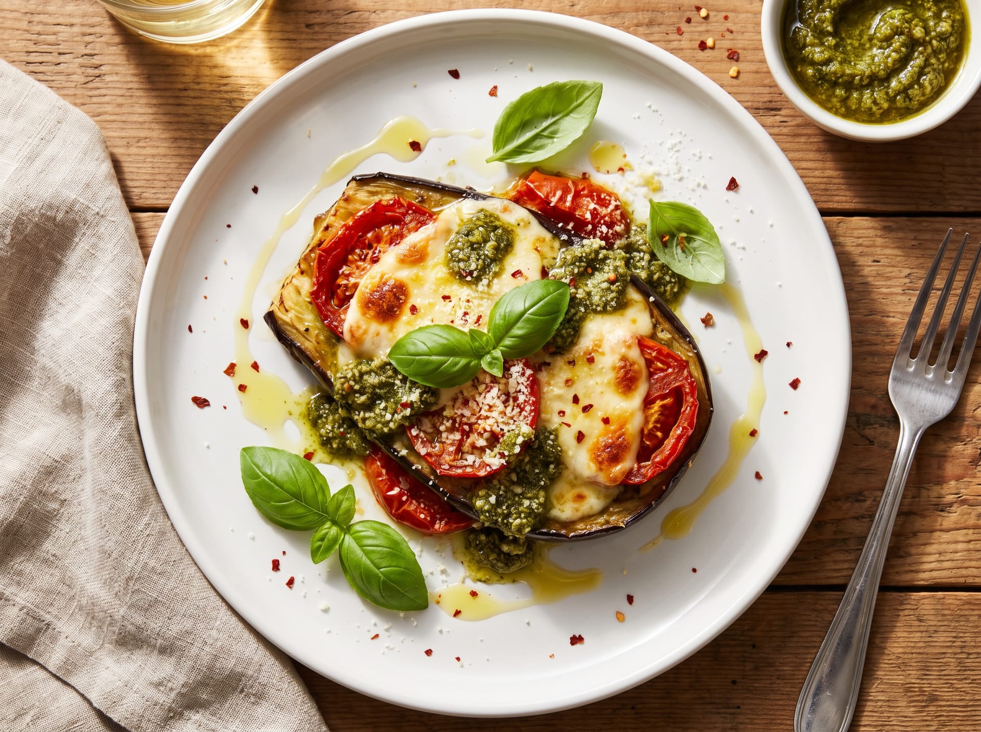 Cheesy Baked Eggplant with Pesto recipe presentation
