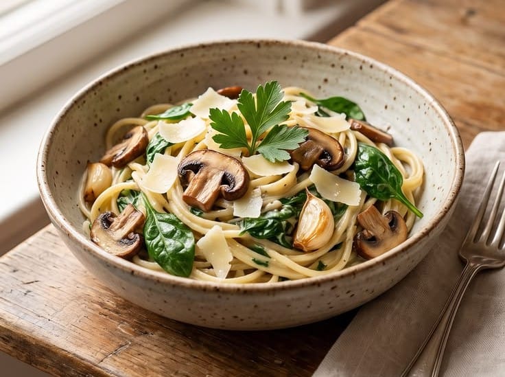 Creamy Spinach & Mushroom Pasta | Easy Vegetarian Dinner recipe presentation