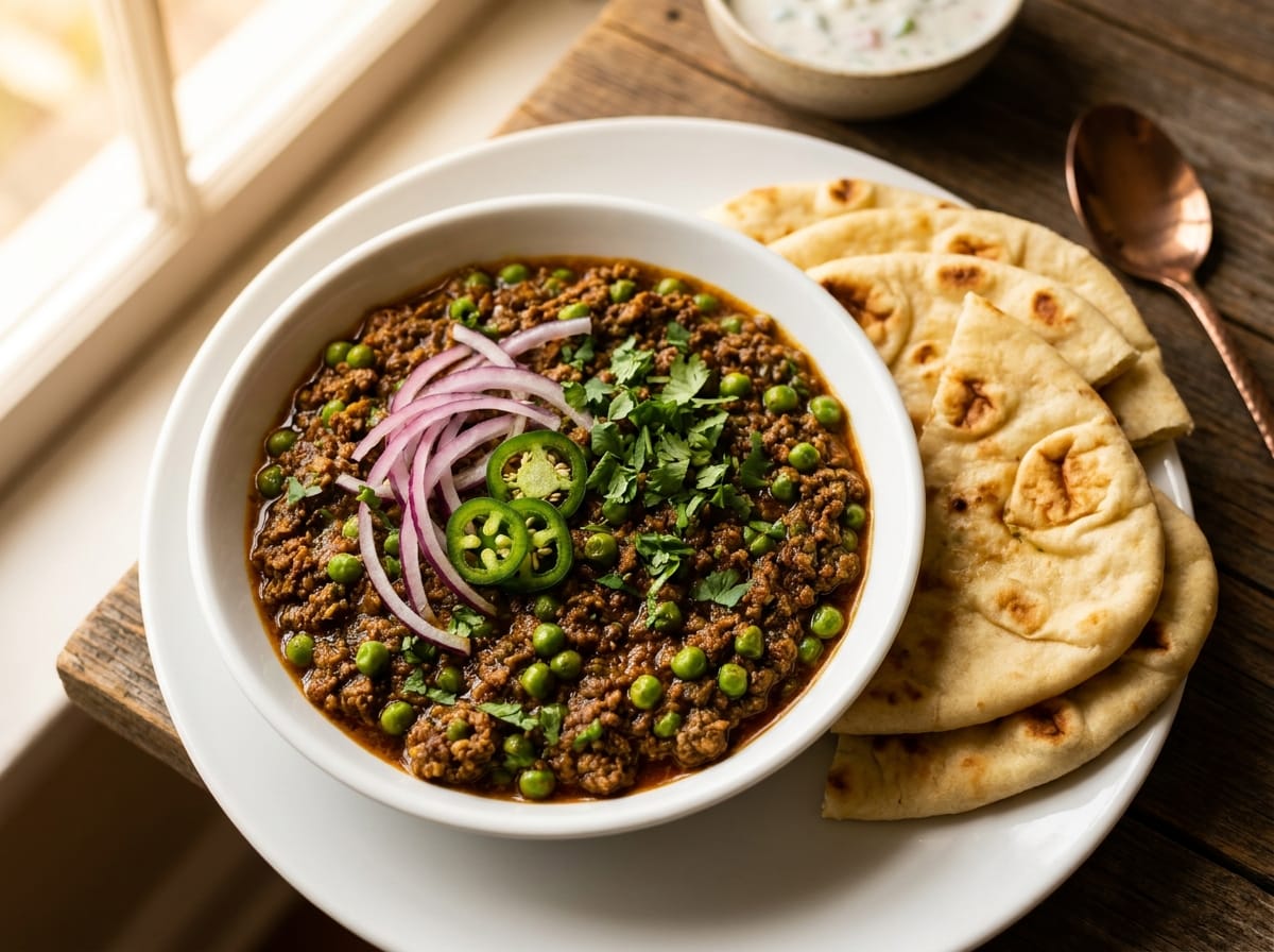 Keema Matar Curry with Naan recipe presentation