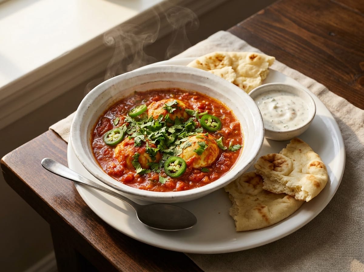 Spicy Egg Curry with Cilantro and Naan recipe presentation